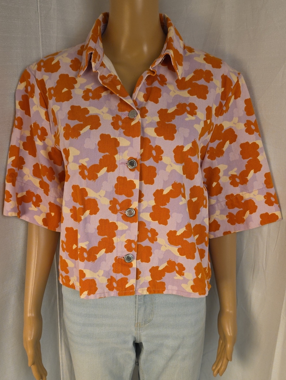 Zara 100% Cotton Short Sleeve Floral Button-Up Top in Orange & Lavender Size XS